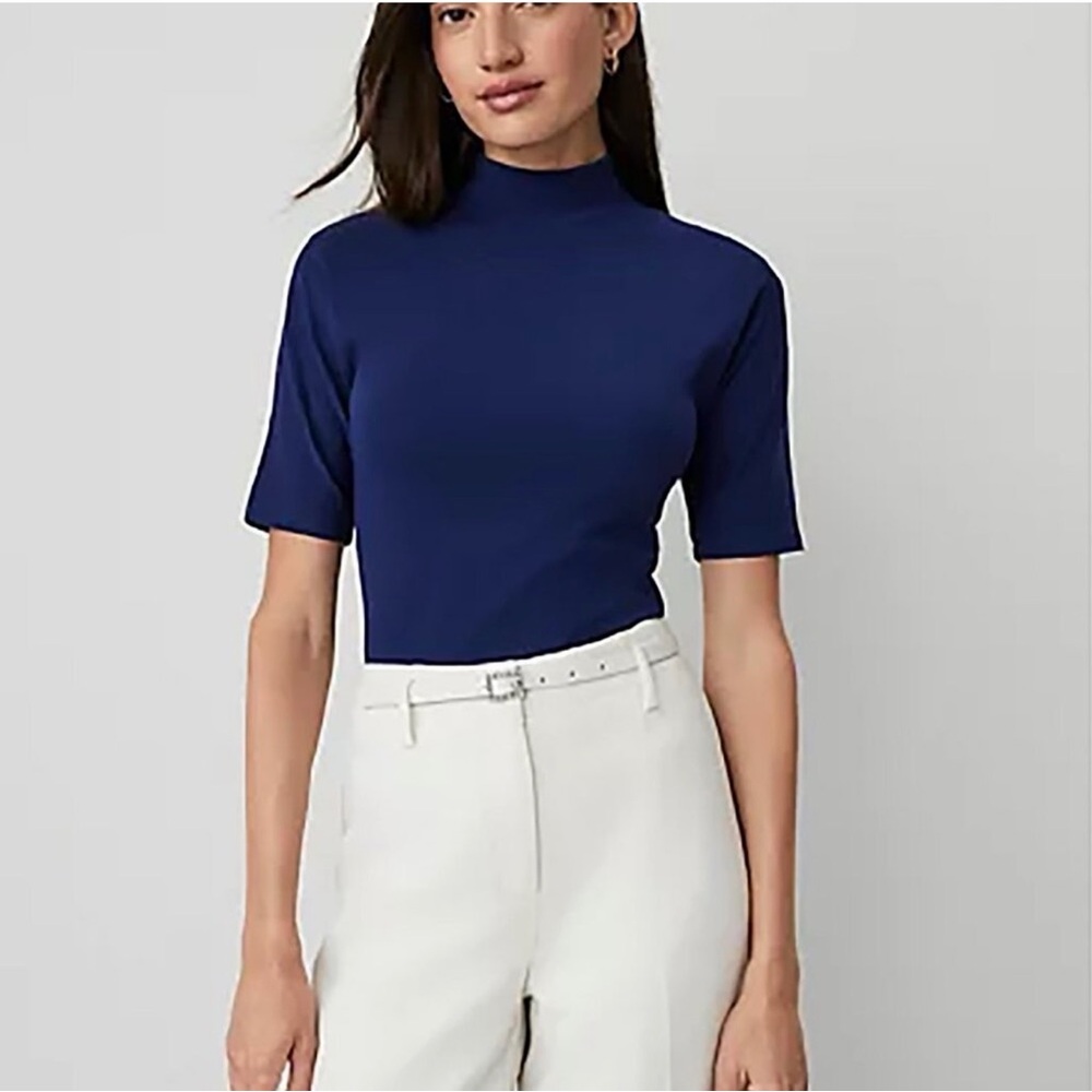 BNWT Ann Taylor Mock Neck Elbow Sleeve Top - Blue Turtleneck Top